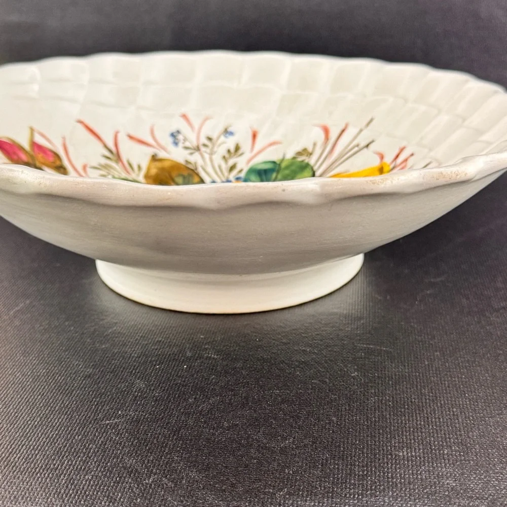 Vintage Italian Pottery Large Scalloped Edge Bowl Hand Painted Florals Italy